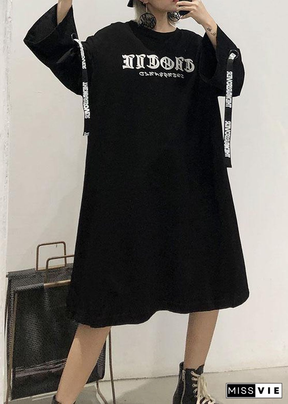 Loose o neck Cotton dresses Shirts black print Dresses