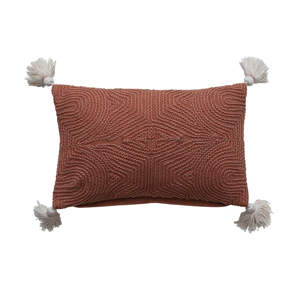 Cotton Lumbar Pillow with Embroidery and Tassels