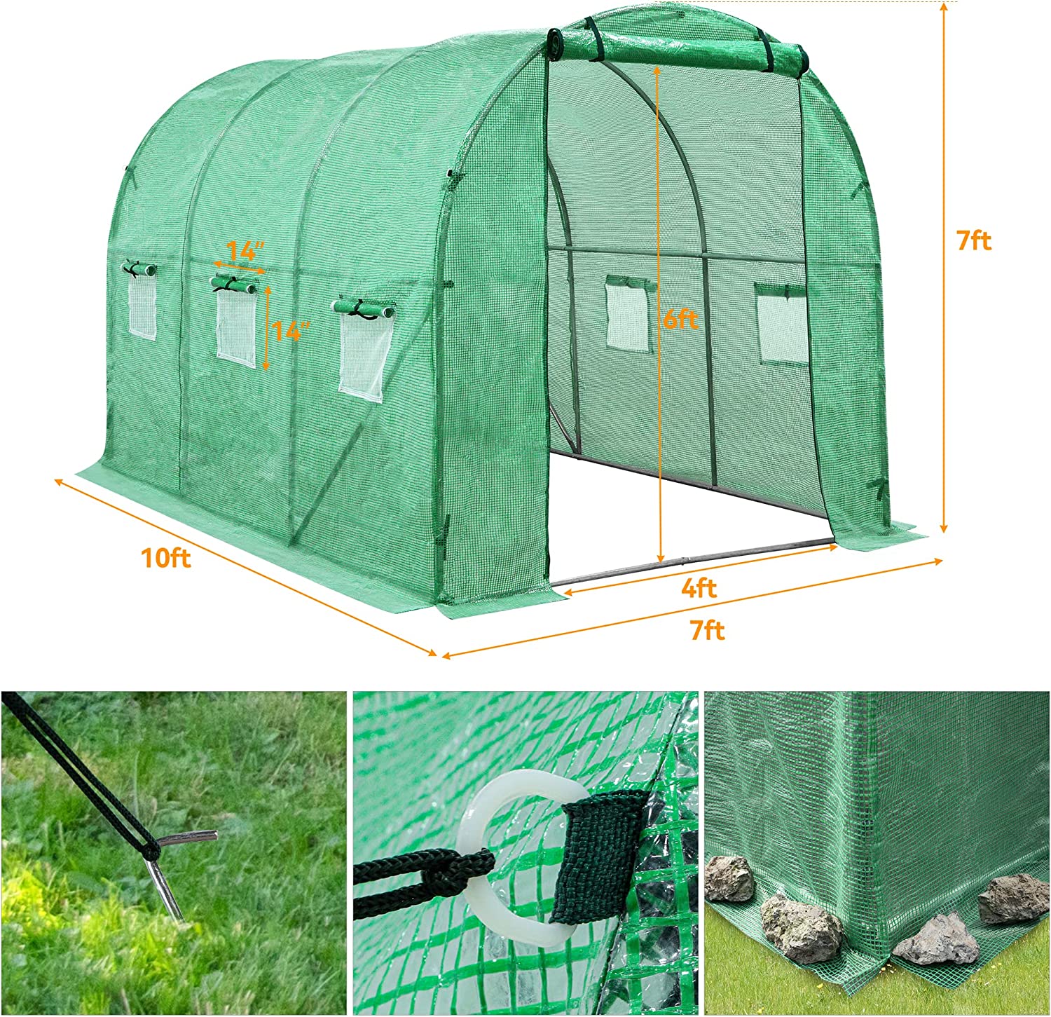 YITAHOME 10'x7'x7' Greenhouses Outdoor Large Walk-in Green house Heavy Duty Tunnel Green Houses Portable Hot Plant Gardening Upgraded Galvanized Steel Stake Ropes Zipper Screen Door 5 Crossbars Garden