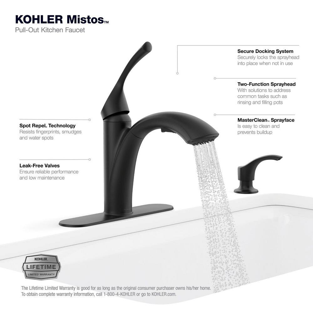 KOHLER Mistos Single-Handle Pull-Out Sprayer Kitchen Faucet in Matte Black K-R72510-SD-BL