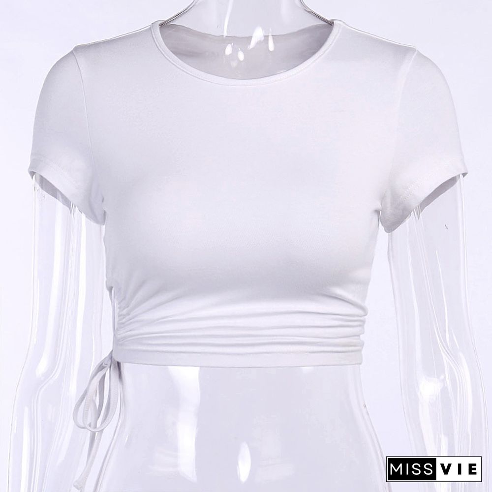 White T Shirt Crop Tops Women Summer Short Sleeve Solid Round Neck Short Tee Top Drawstring Slim Fashion Female Shirts