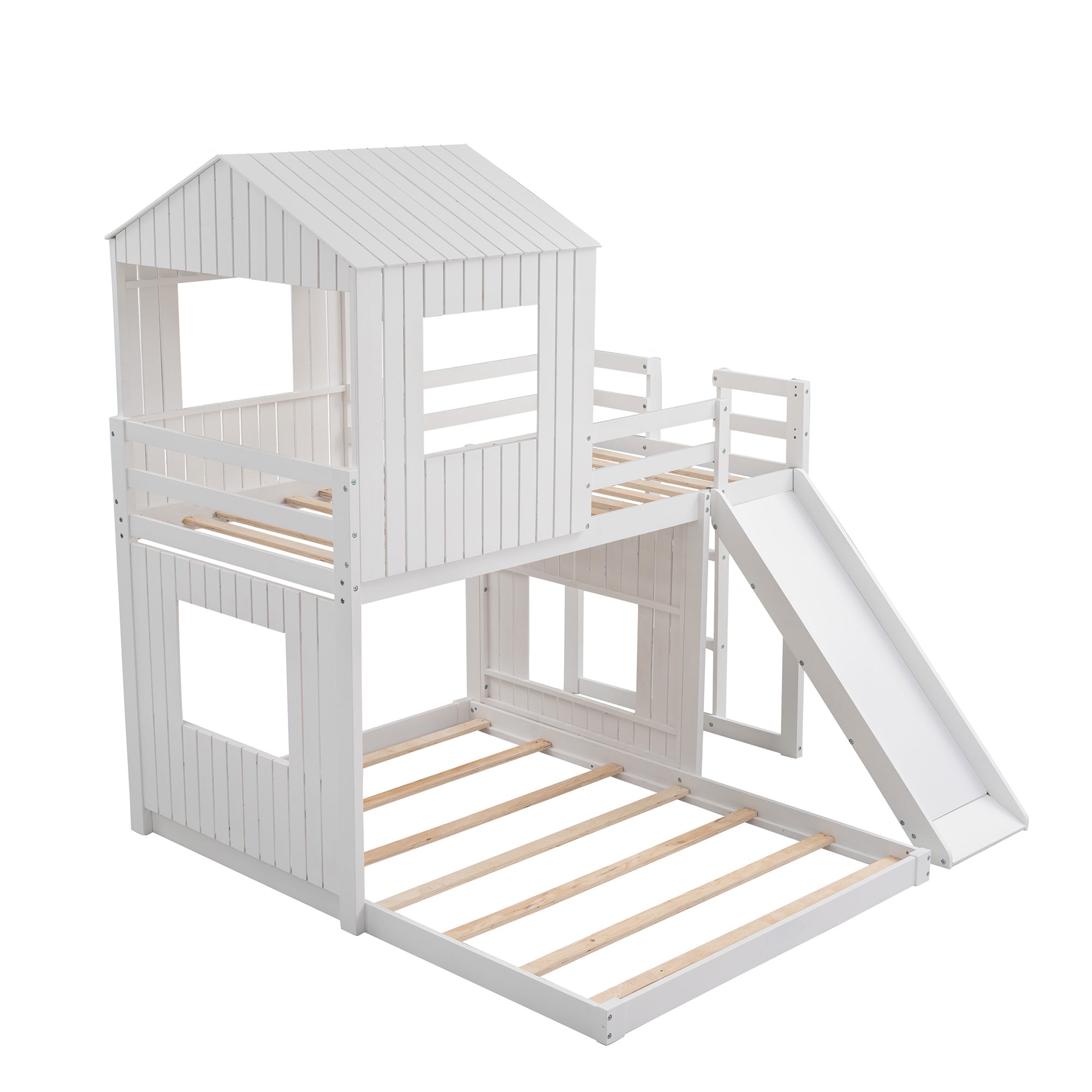 Churanty Twin Over Full Bunk Bed With Slide Wooden House Bunk Bed Playhouse Beds For Kids White