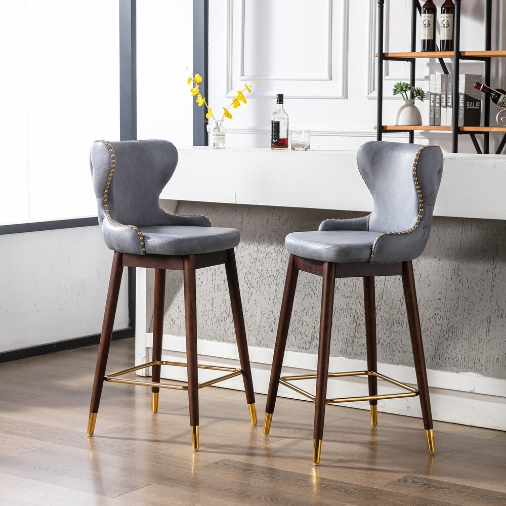 Modern Leather Fabric Bar Stool with Gold Nailheads   Solid Wood Legs  Set of 2