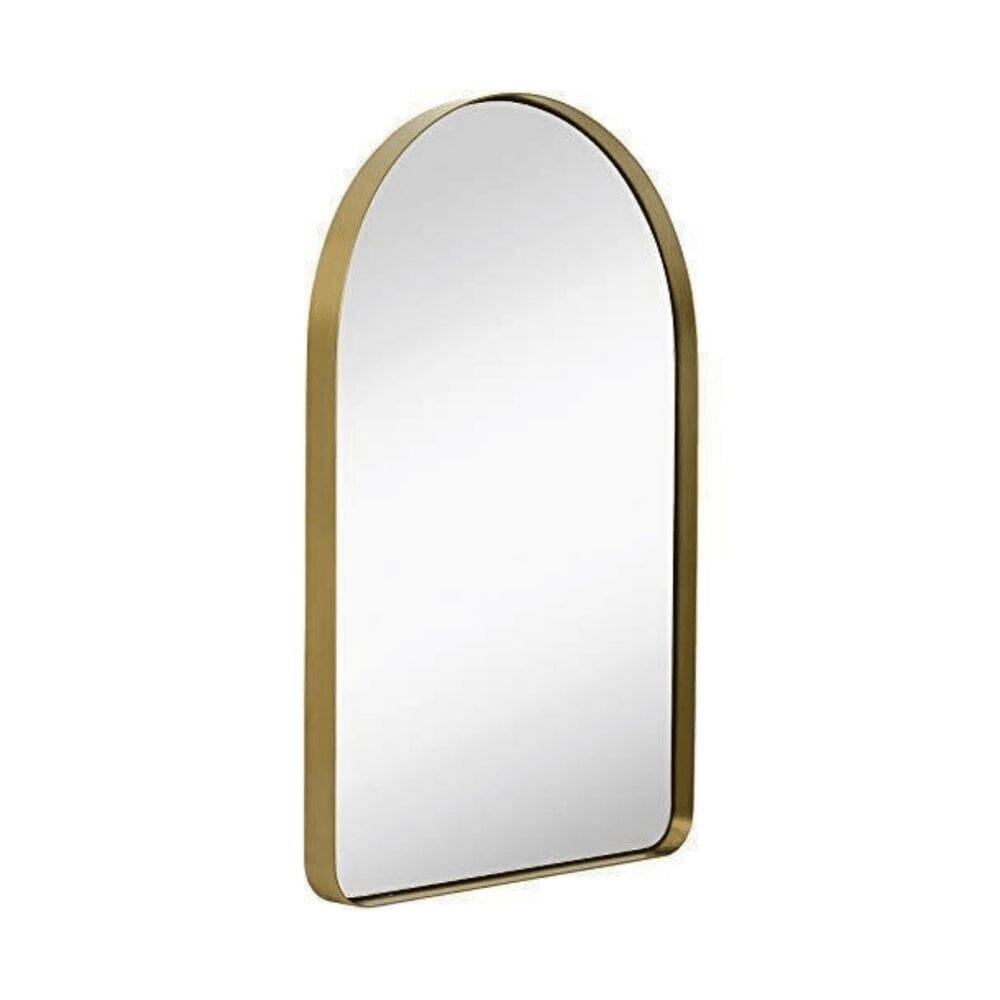 Contemporary Brushed Gold Metal Wall Mirror | Glass Panel Gold Framed Top Rounded Corner Deep Set Design (24