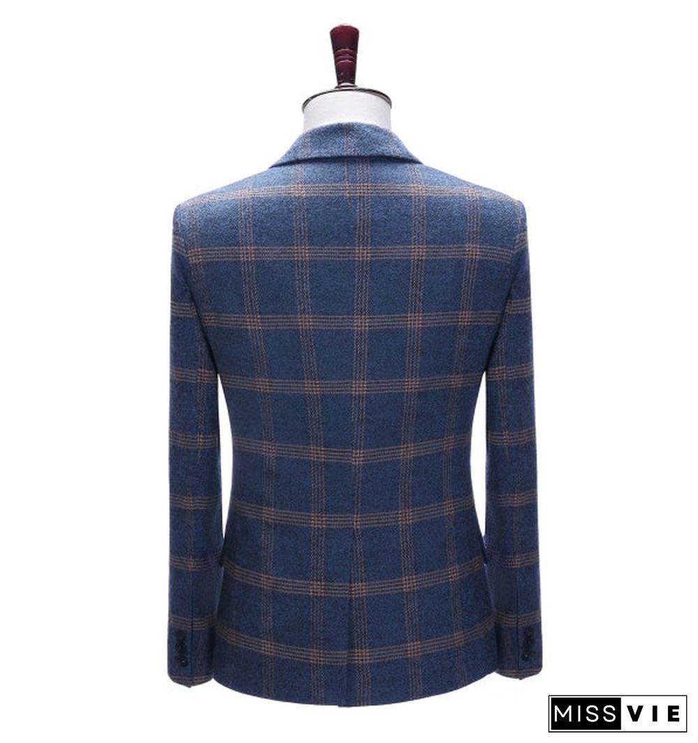 Men's Business 3 Pieces Formal Royal Blue Plaid Tweed Notch Lapel Suit (Blazer+vest+Pants)