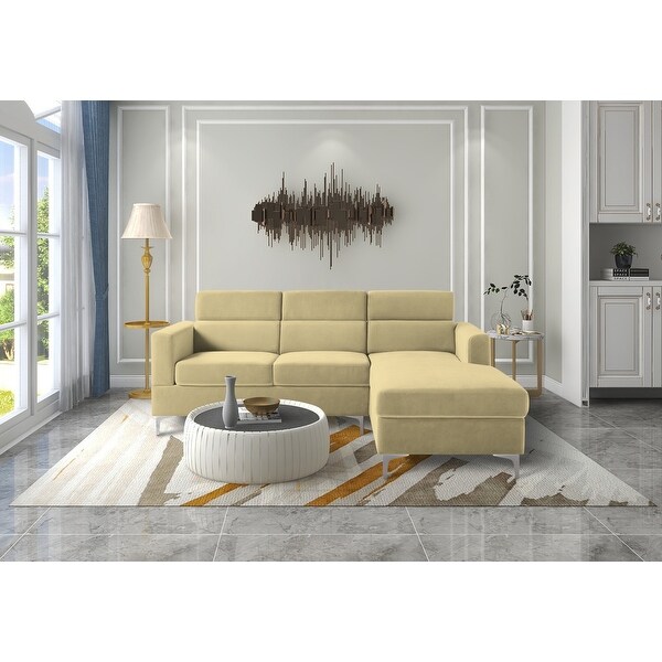 3 Seat Velvet Upholstered Sectional Sofa Adjustable Headrests with 6 Angle， Sofa and Chaise with Right Chaise and Metal Legs