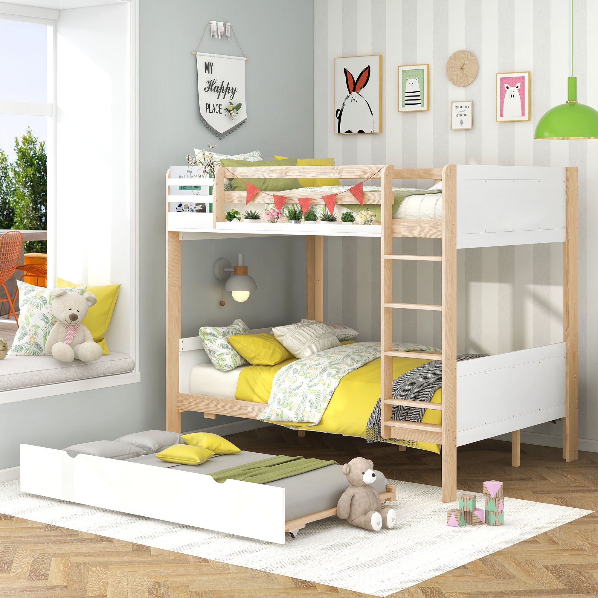 Full over Full Bunk Bed with Trundle and Little Shelf for Kids Bedroom, White