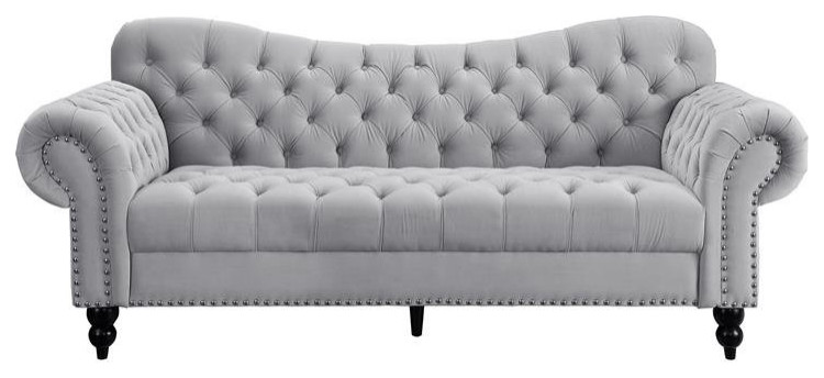 Lexicon Rosalie 83.5 quotVelvet Fabric Sofa with Nailhead in Light Gray   Traditional   Sofas   by Homesquare  Houzz