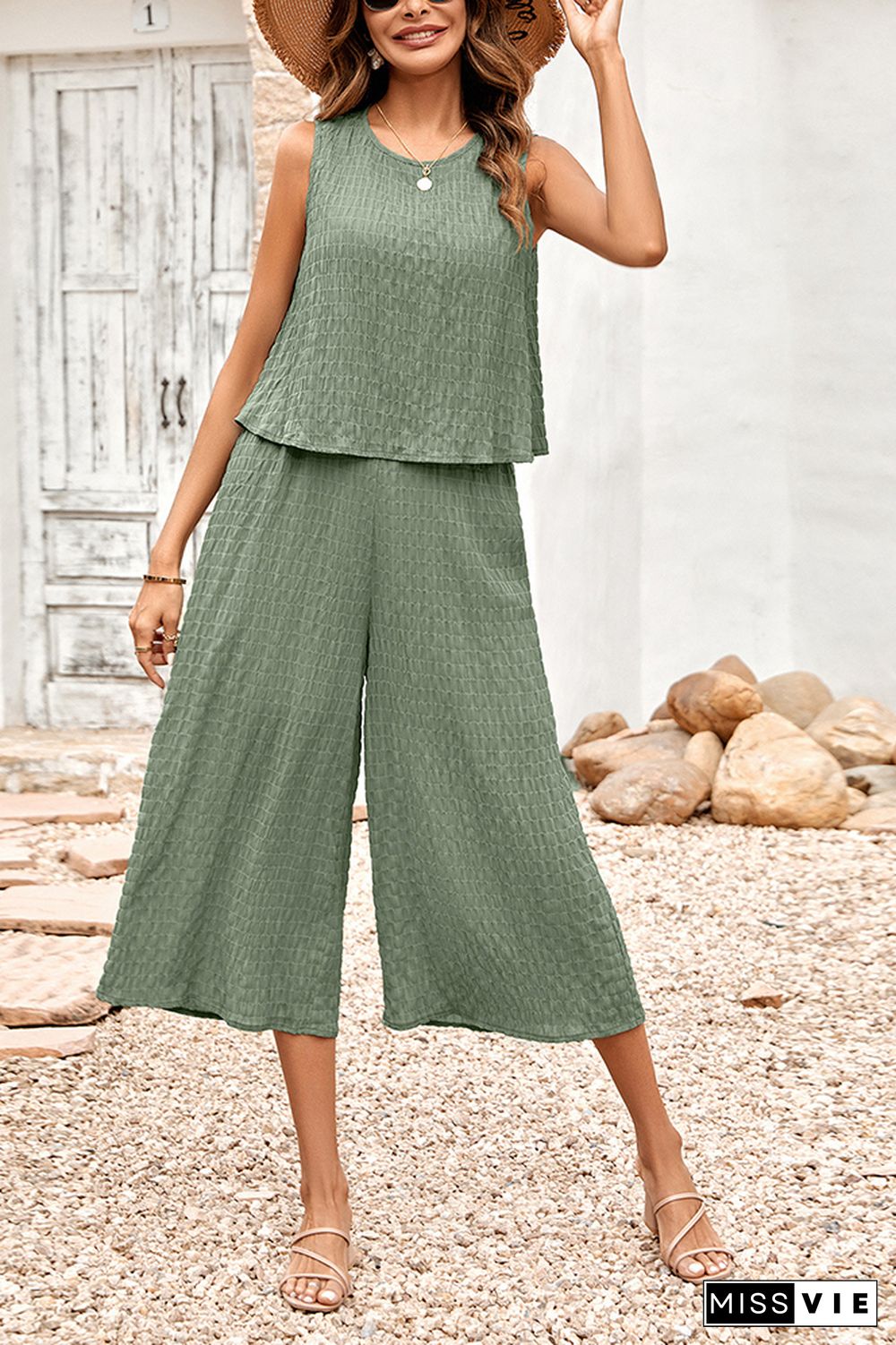 Frilled Texture Sleeveless Tank with Wide Leg Pants Jumpsuit