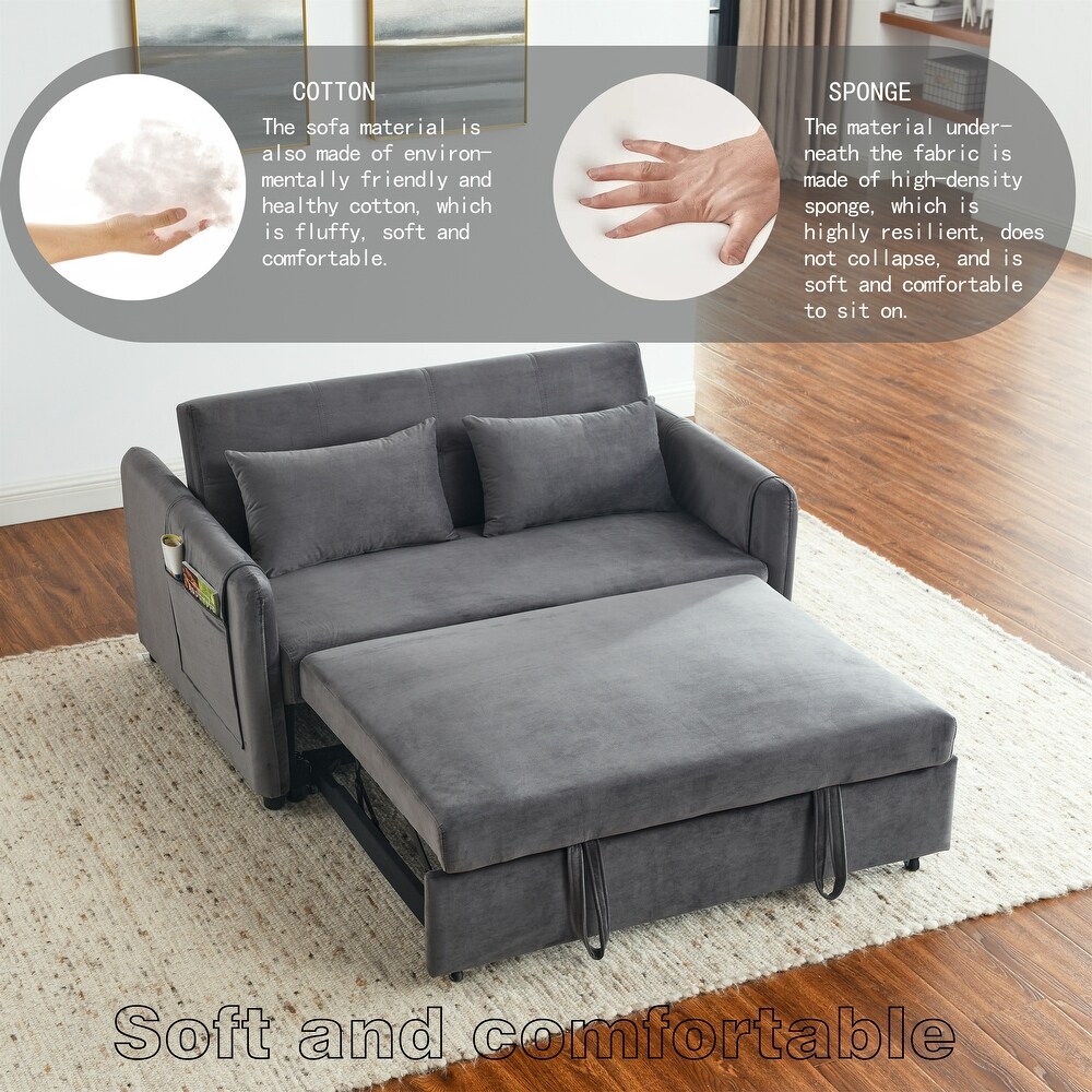 Velvet Upholstered Pull out Sleeper Sofa Convertible Sofa Bed with Adjustable Backrest  Lumbar Pillows and Side Pockets