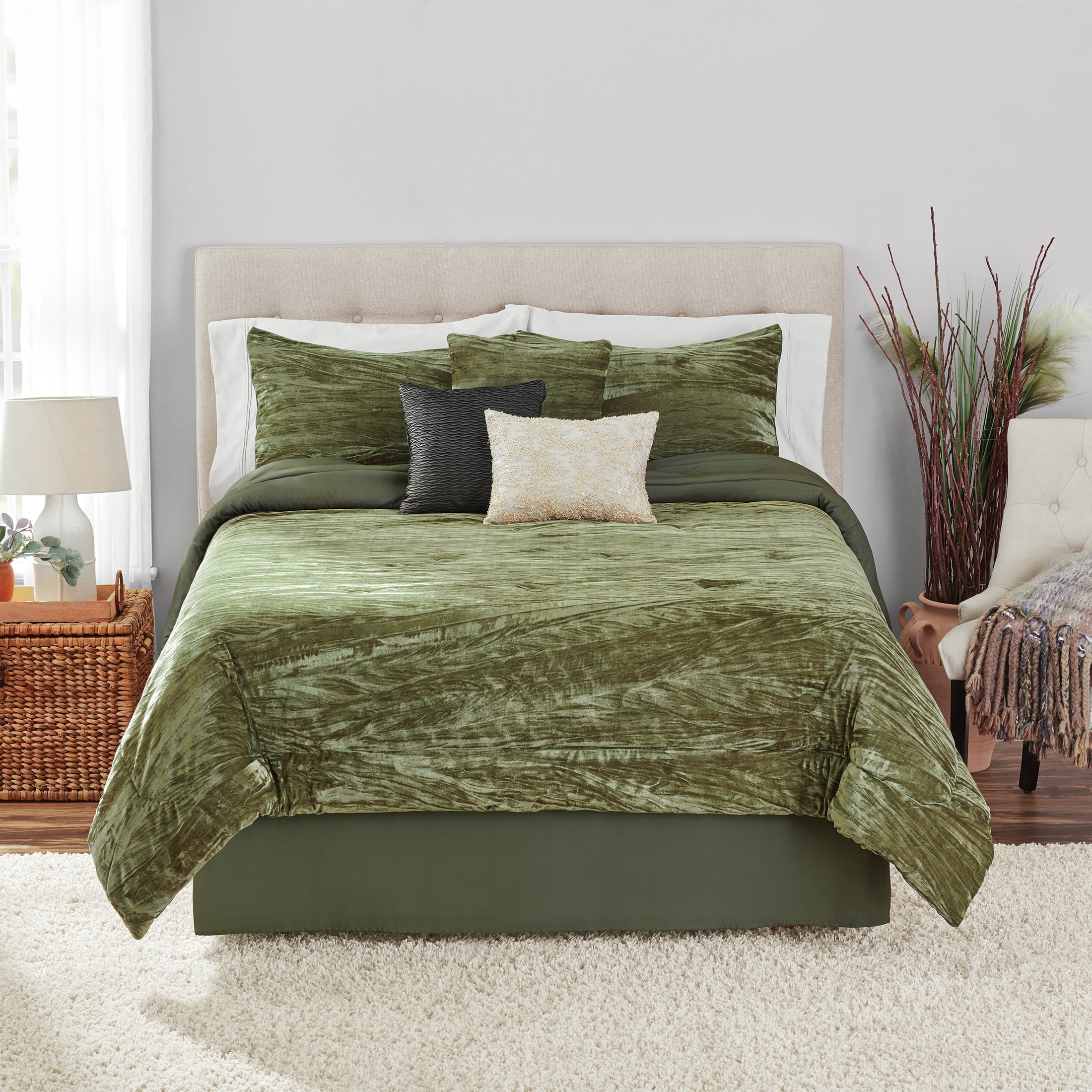 Mainstays Crinkle 7-Piece Green Textured Polyester Comforter Set， Full/Queen