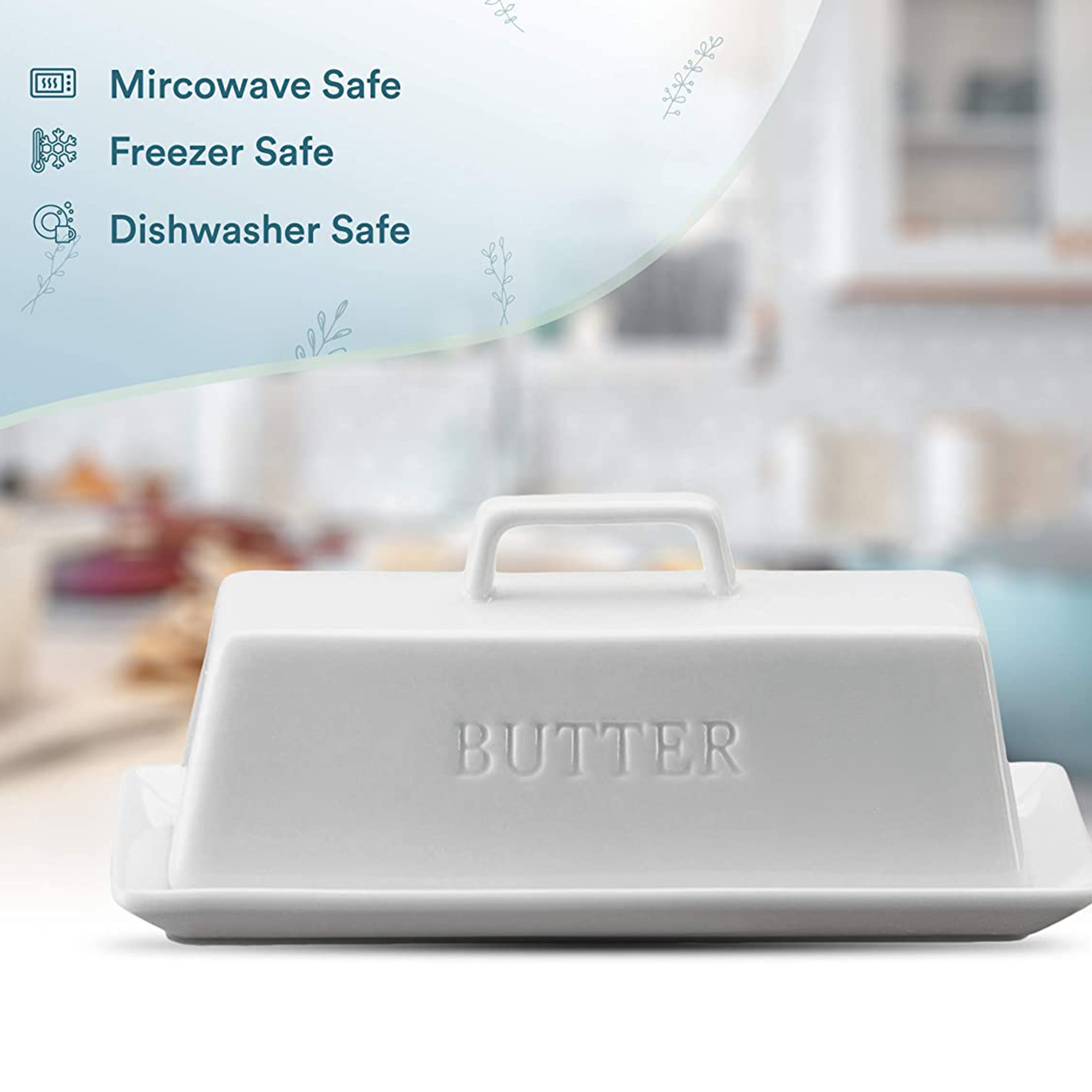 Kook 7.5” White Butter Dish with Lid Butter Storage Container Ceramic Tray