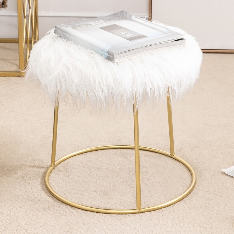 Adeco Vanity Stool Chair Fluffy Ottoman Footrest Round Metal Base