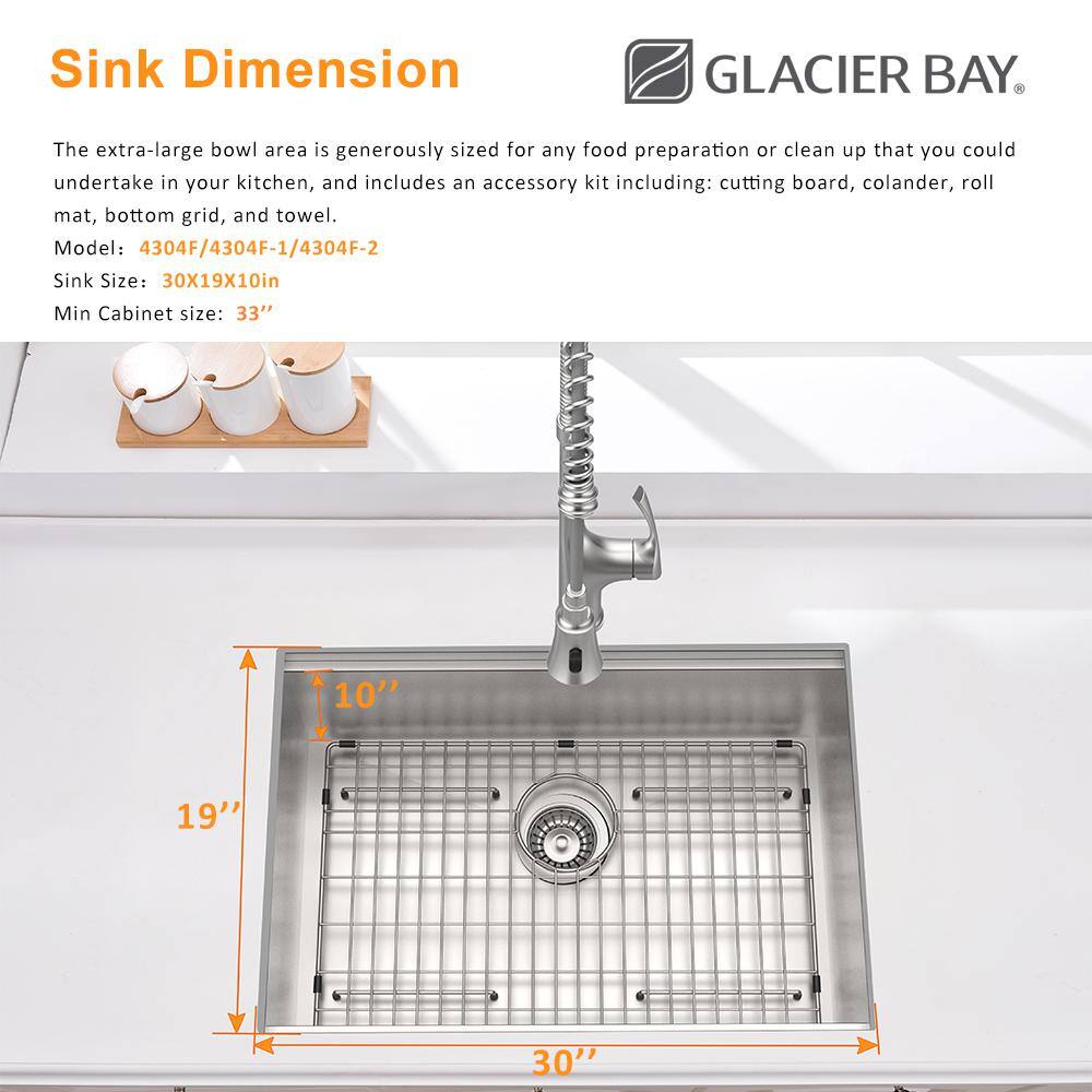 Glacier Bay Zero Radius Undermount 18G Stainless Steel 30 in. Single Bowl Workstation Kitchen Sink with Accessories 4304F