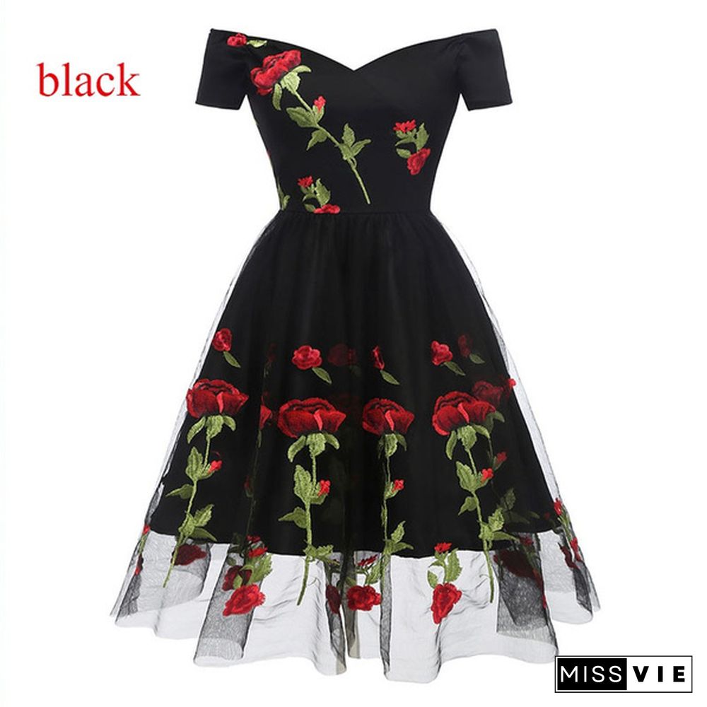 New Spring Summer Evening Dresses Ball Women Rose Embroidery Dress V Neck Real Off Shoulder Knee Length Cocktail Formal Floral Printed Dresses Vestidos