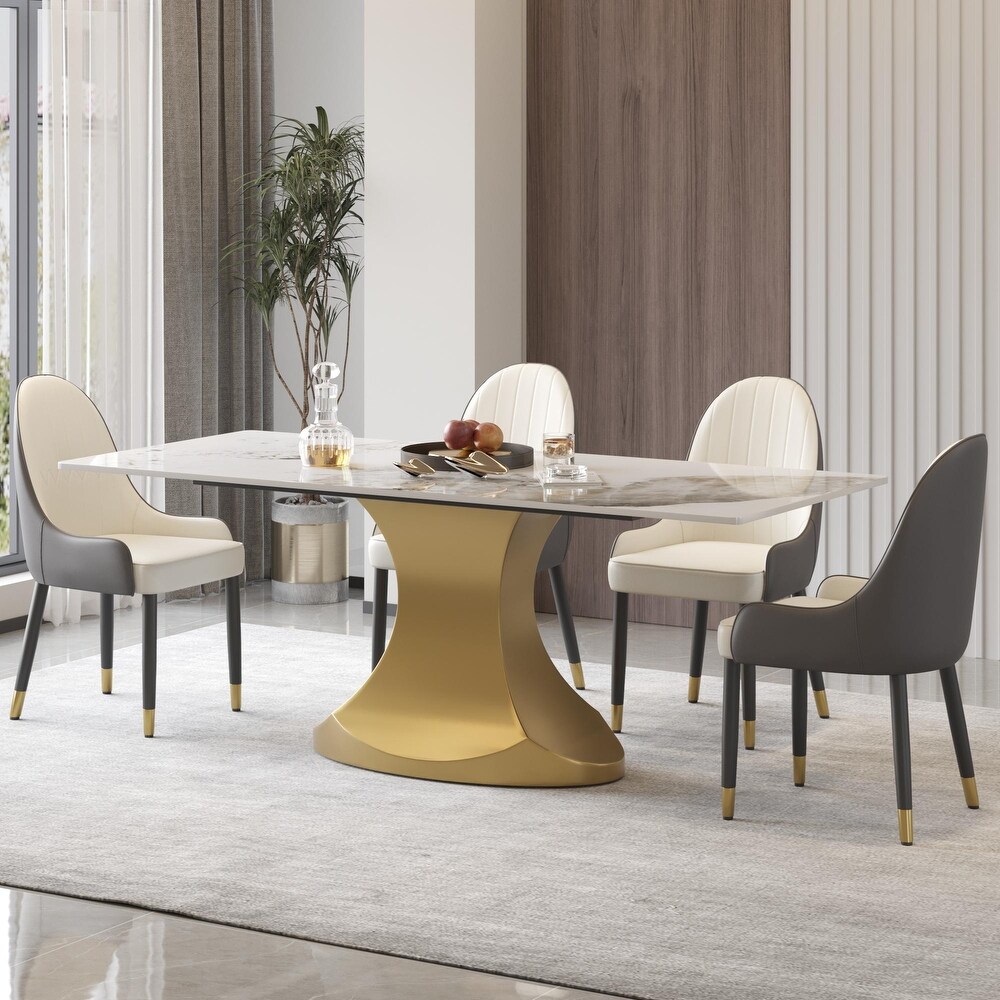 Rectangular Dining Table  Faux Marble Kitchen Dining Table with Gold Pedestal.