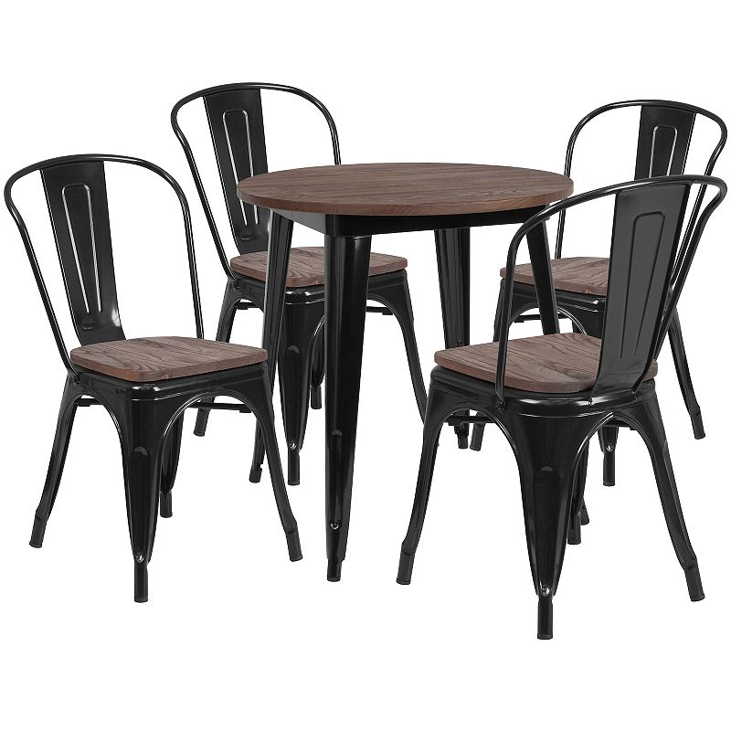 Emma and Oliver 26 Round Silver Metal/Wood Table Set - 4 Stack Chairs