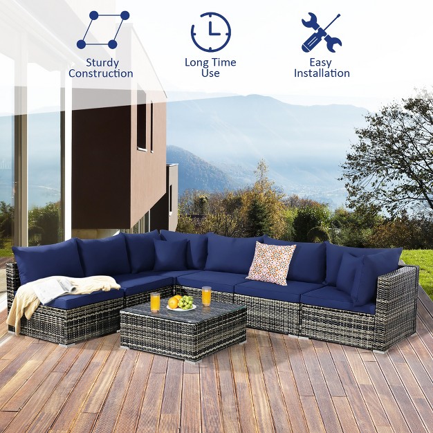 Costway 7pcs Patio Rattan Furniture Set Sectional Sofa Garden Navy Cushion