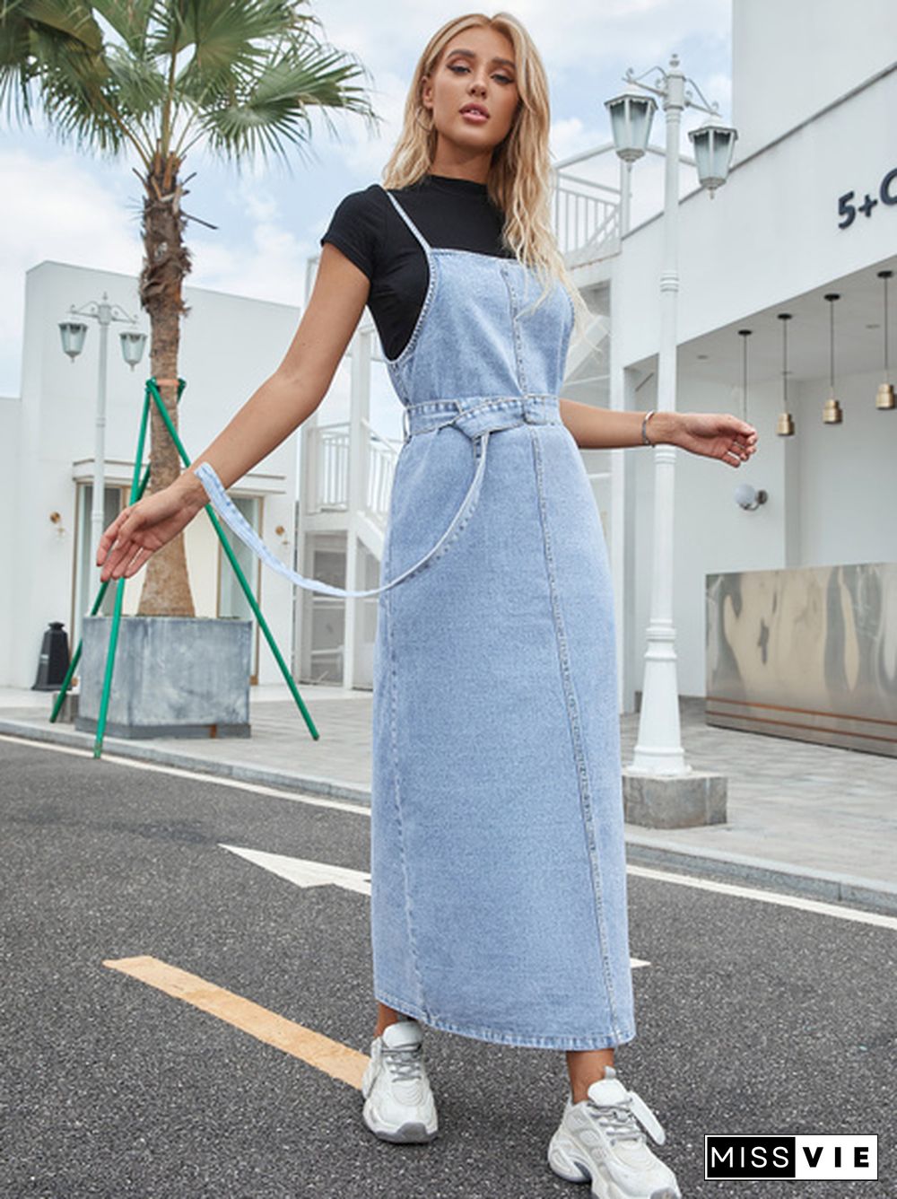 Denim Maxi Cami Dress With Self Waist Tie