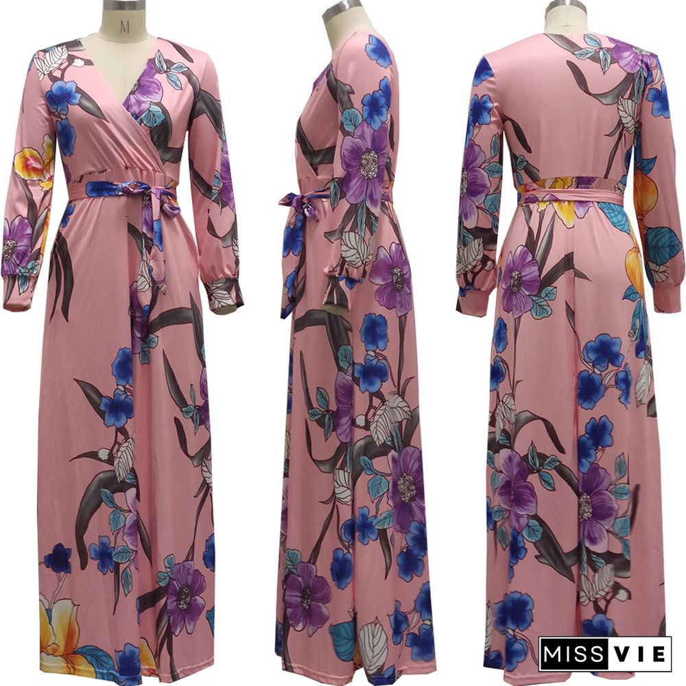 Elegant Summer Beach Floral Print Boho V-Neck Long Sleeve Sashes Women Big Hem Maxi Long Dresses