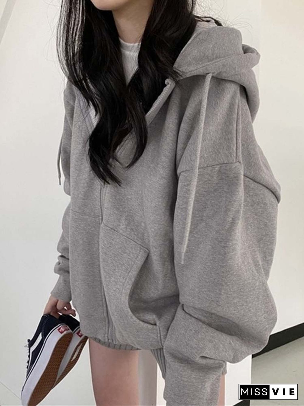 Women Hoodies Harajuku Korean Version Loose Sweatshirts Vintage Solid Color Long Sleeve Hooded Sweatshirt Zipper Coats