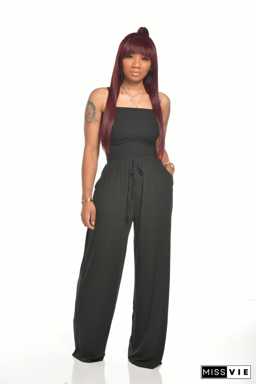 Strapless Elastic Bust High Waist Wide Leg Jumpsuit