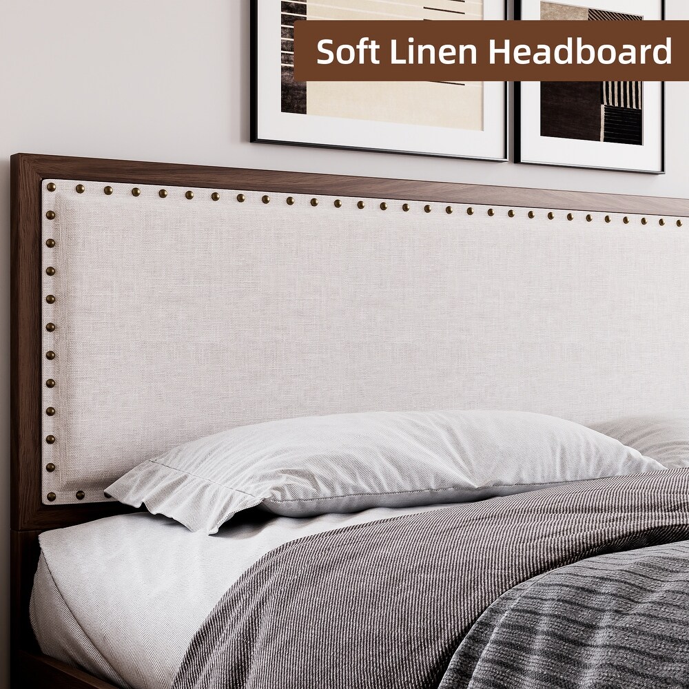 Upholstered Platform Bed with Linen Headboard and Footboard