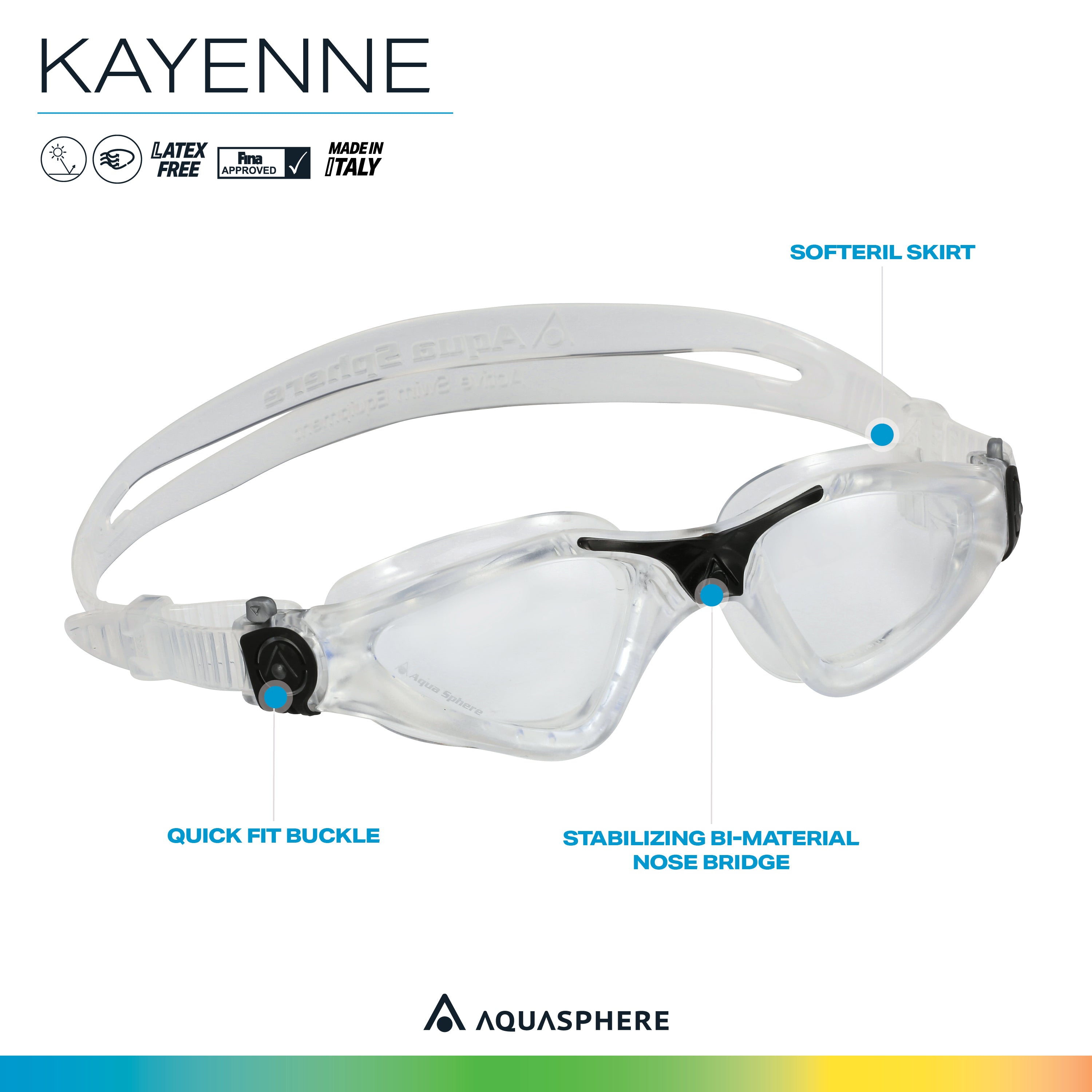 Aquasphere Kayenne Adult Swim Goggles - 180-Degree Distortion Free Vision, Ideal Swim Goggle for Active Pool or Open Water Swimmers | Unisex Adult, Clear Lens, Transparent/Black Frame