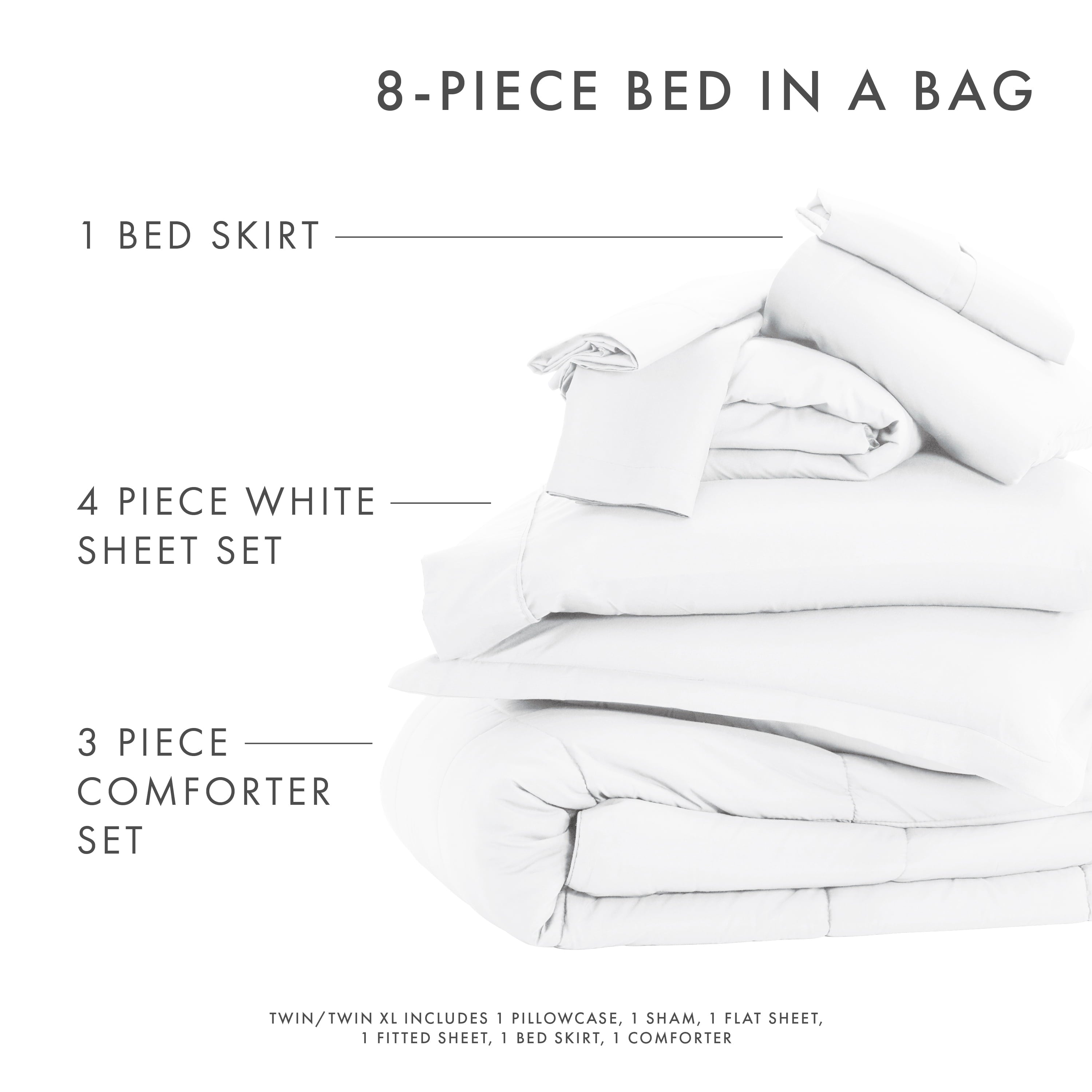 White 8-Piece Bed in a Bag Microfiber Bedding Set， Queen， by Noble Linens