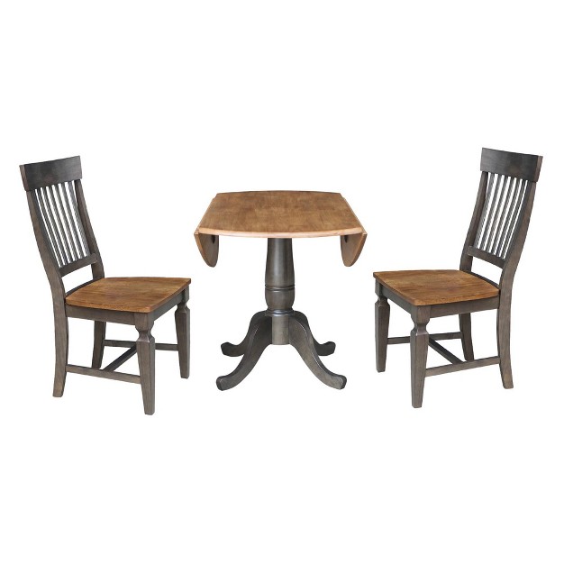 Round Dual Drop Leaf Dining Table With 2 Slat Back Chairs Hickory washed Coal International Concepts