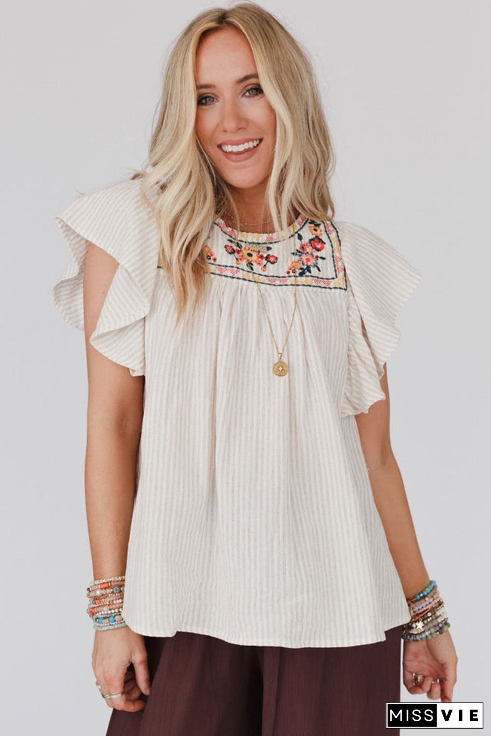 Stripe Ruffled Sleeve Embroidered Blouse