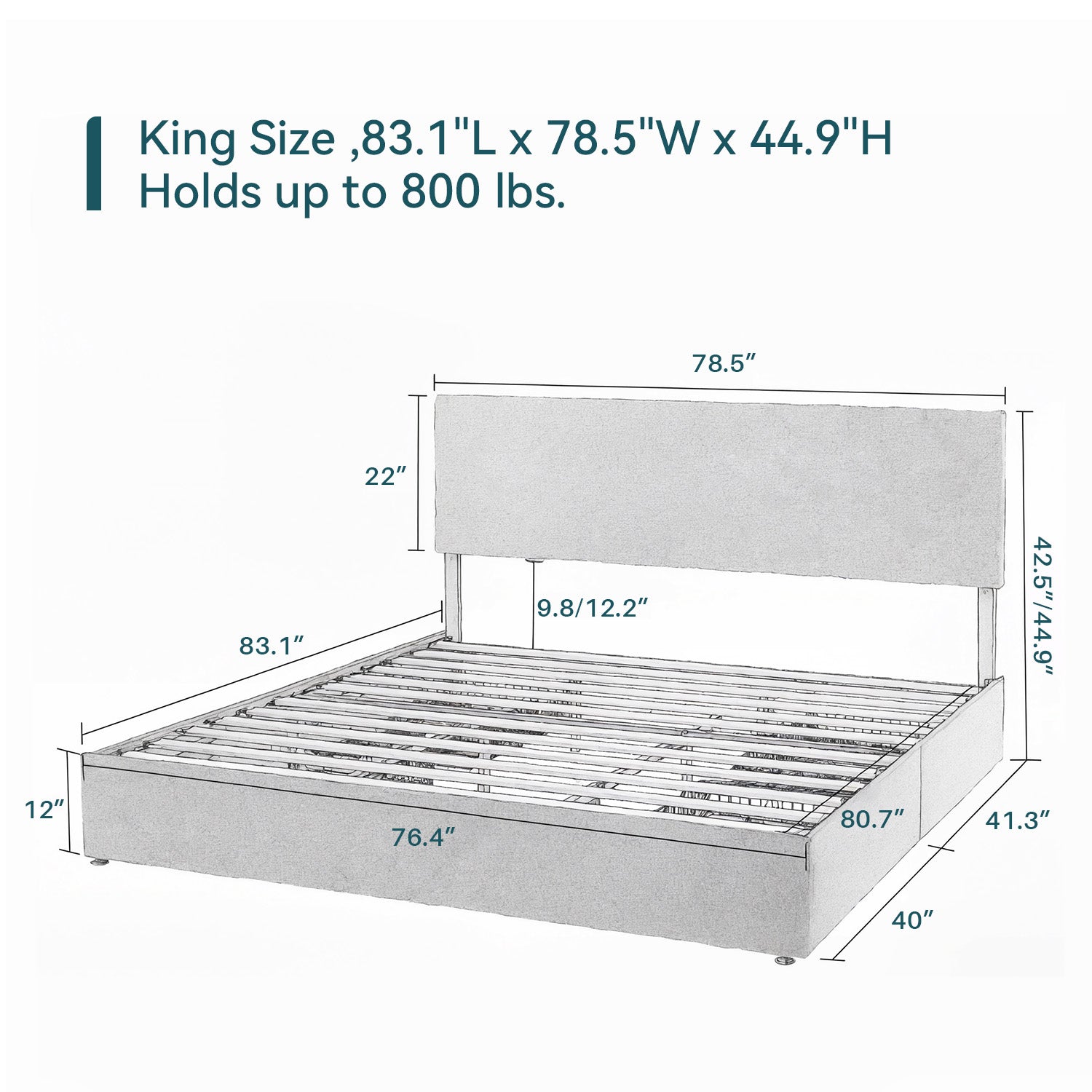 Upholstered Bed Frame with 4 Drawers Storage and Headboard with Wood Slat Support, No Box Spring Needed