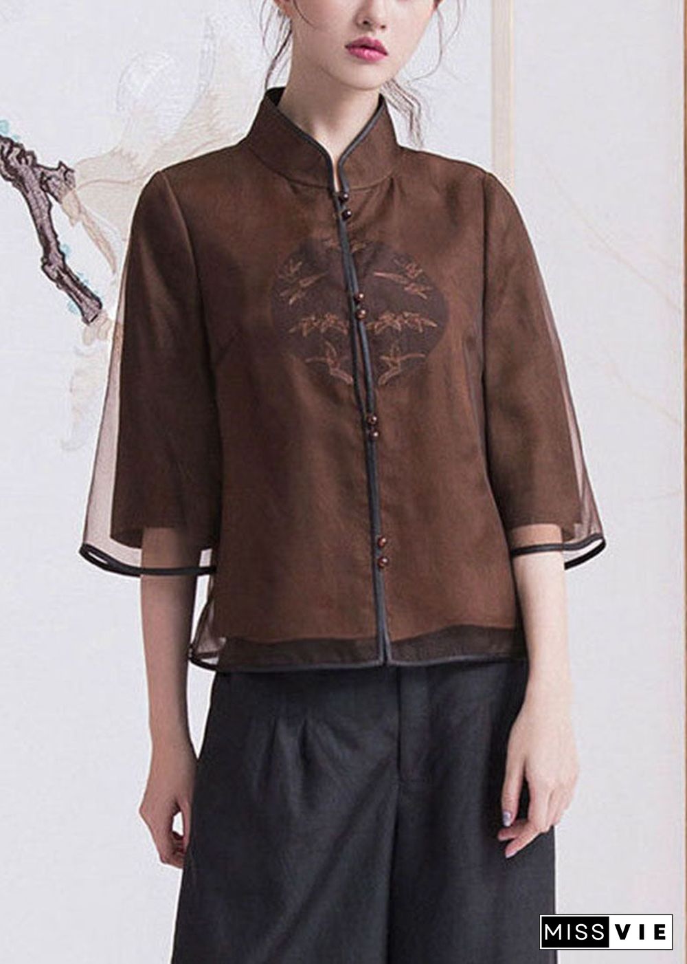 Chinese Style Brown button Stand Collar Silk coats Half Sleeve