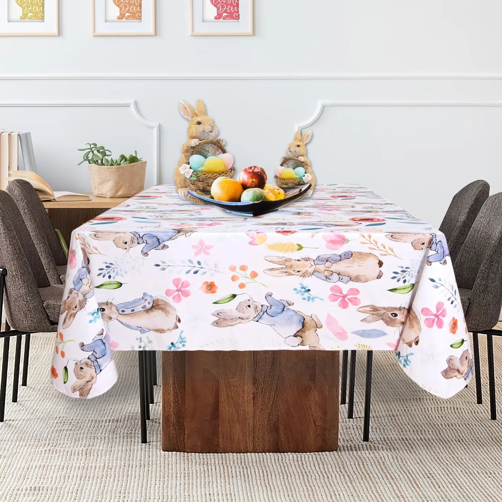 LUSHVIDA Easter Round Table Cloth - 60x102 Inch Waterproof Rabbit Flower Pattern Tablecloth Vinyl Wipe Clean Table Cover for Dining Table， Easter Dinner， Kitchen， Holiday Party Table Decor