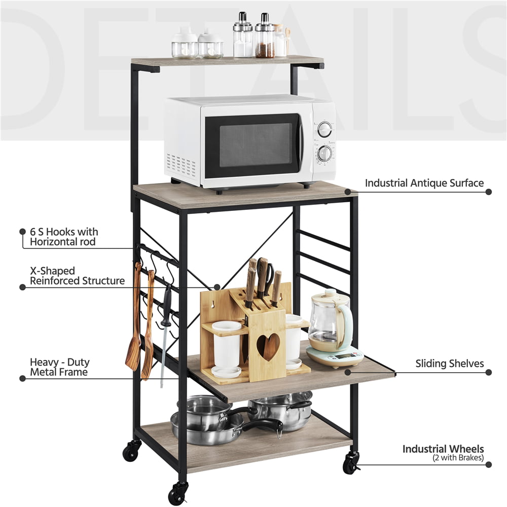 Topeakmart 4-Tier Kitchen Baker's Rack Utility Storage Shelf Microwave Stand Cart on Wheels with Side Hooks， Gray