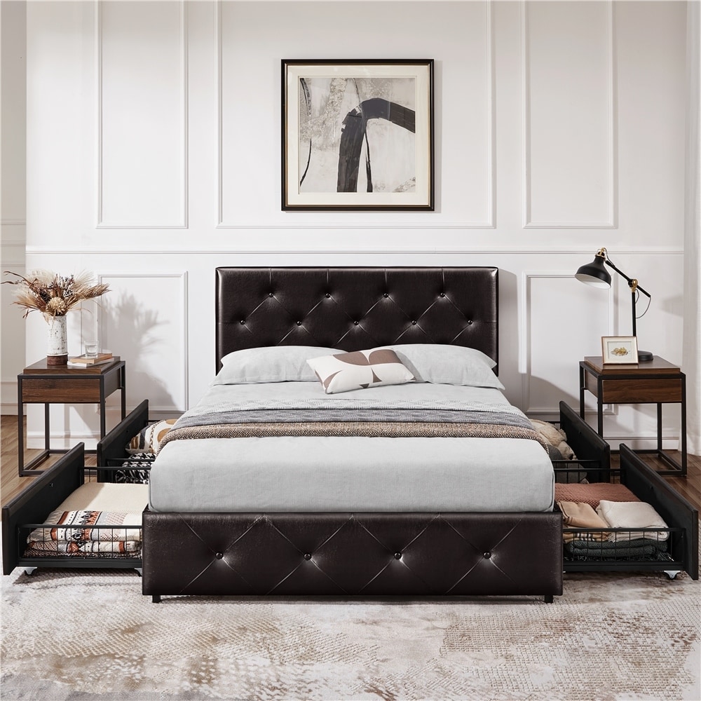 Yaheetech Bed Frame with 4 Drawers Storage Button tufted Upholstered Bed with Adjustable Headboard