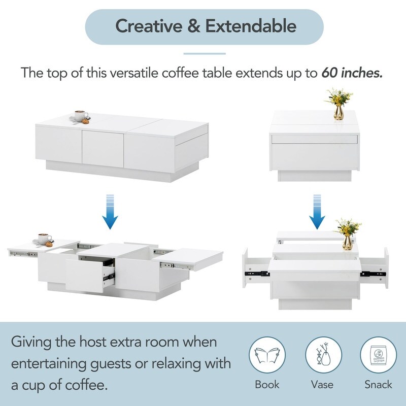 Extendable Coffee Table Center Table with Sliding Top and 2 Drawers