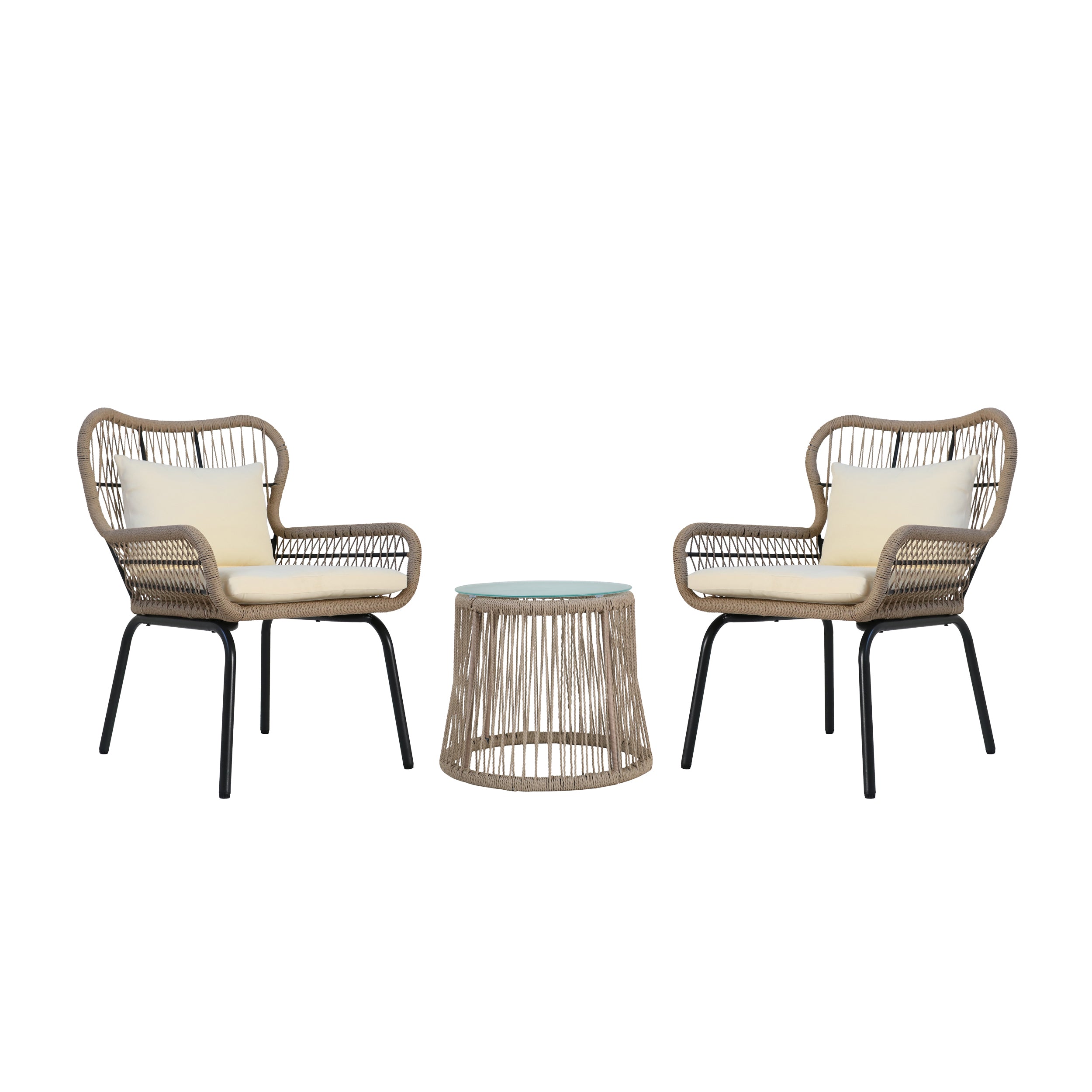 Karen Patio Conversation Set, 2-Seater with Accent Table, Iron and Rope with Water-Resistant Cushions