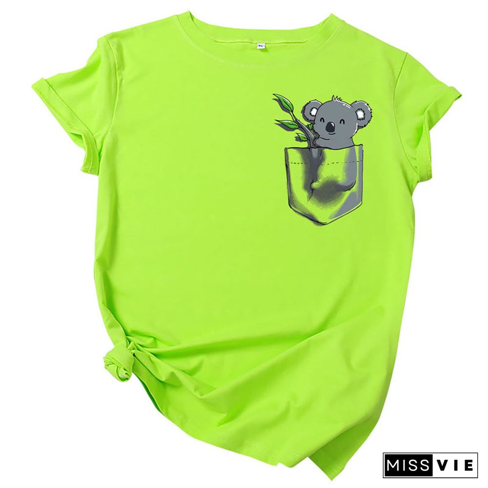 Koala Pocket Print  Round Collar T-Shirt