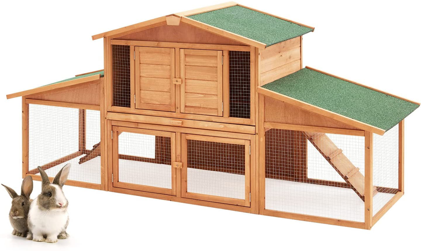 Yoleny Rabbit Hutch Wooden Two Story Bunny Cage Indoor Rabbit Cage Outdoor， Guinea Pig House Hamster Hideout， Galvanized Mesh Wires， Weatherproof Asphalt Roof