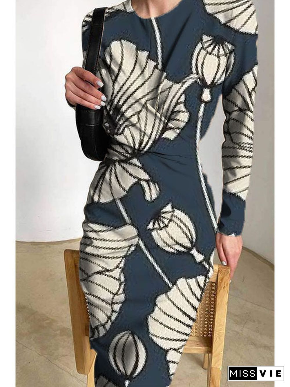 Printed Satin Pleats Elegant Slim Fit Crew Neck Maxi Dress