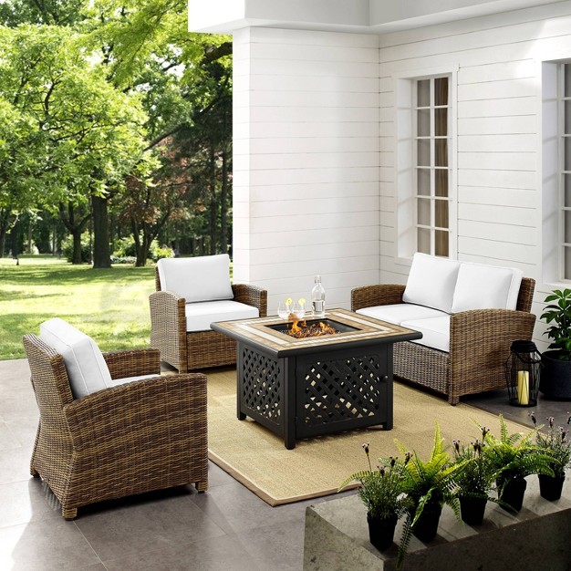 Bradenton 4pc Outdoor Conversation Set With Loveseat 2 Arm Chairs amp Tucson Fire Table Weathered Brown white Crosley