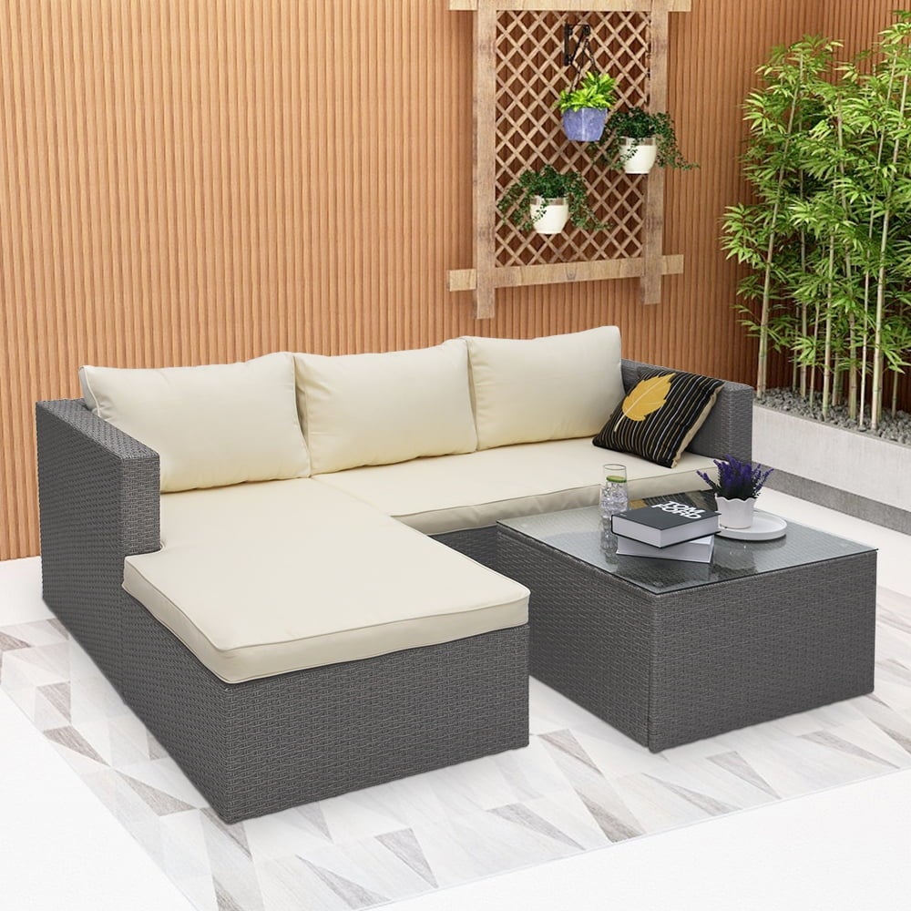 3 Piece Wicker Sectional Conversation Set with Cushions - Grey