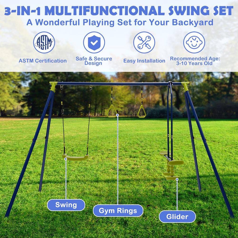 Gymax 440 lbs. Swing Set 3-in-1 Kids Swing Stand with Swing Gym Rings Glider for Backyard GYM10811