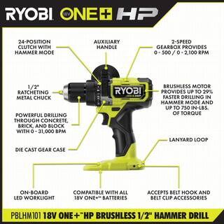 RYOBI ONE+ HP 18V Brushless Cordless 12 in. Hammer Drill Kit with (1) 4.0 Ah High Performance Battery Charger and Tool Bag PBLHM101K