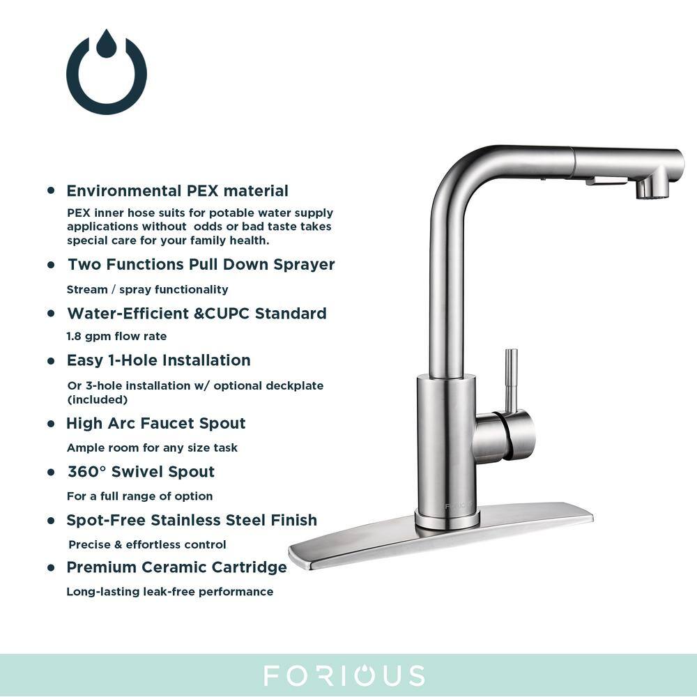 FORIOUS Single-Handle Kitchen Sink Faucet with Pull Down Sprayer Kitchen Faucet in Brushed Nickel HH0025BN