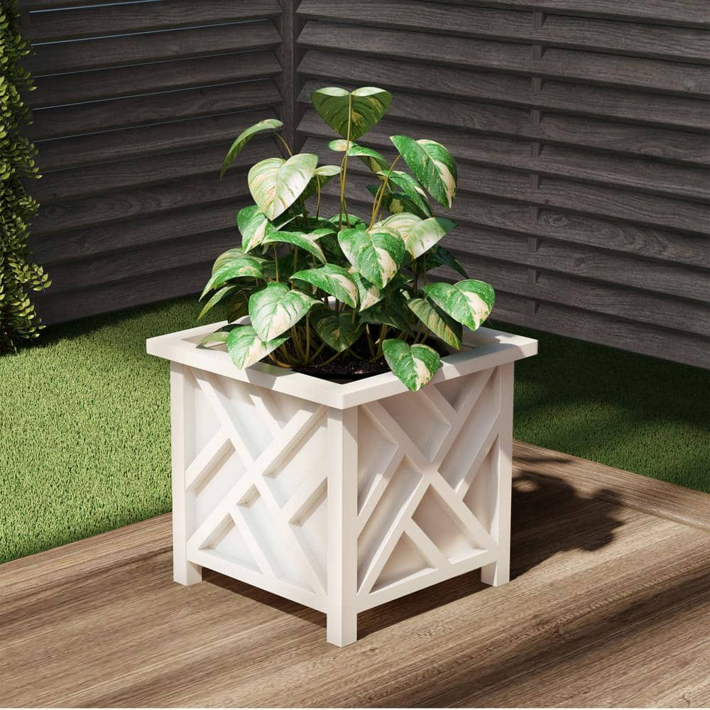 White Plastic Square Planter Box with Lattice Pattern HW155097