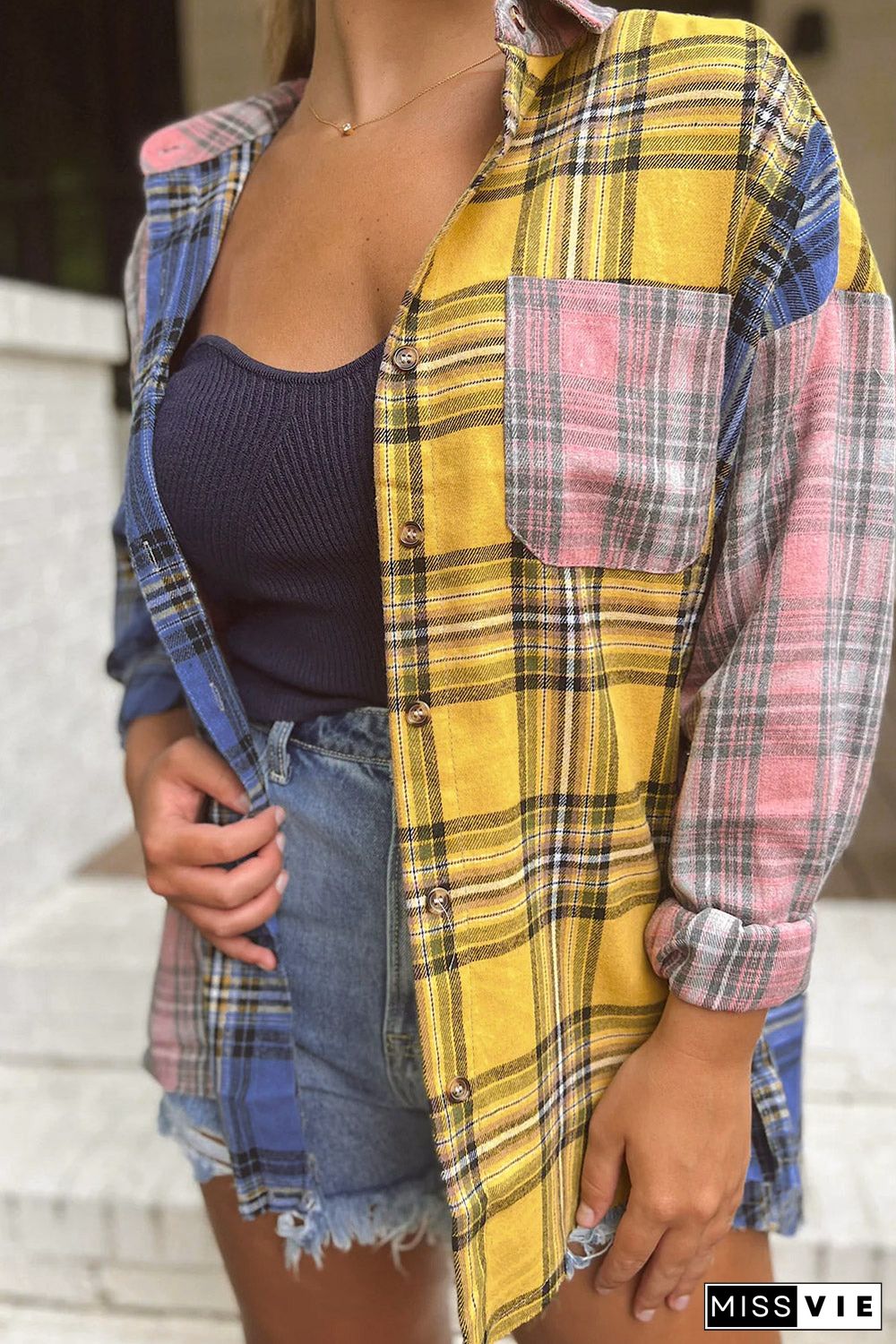 Multicolor Plaid Colorblock Patchwork Shirt