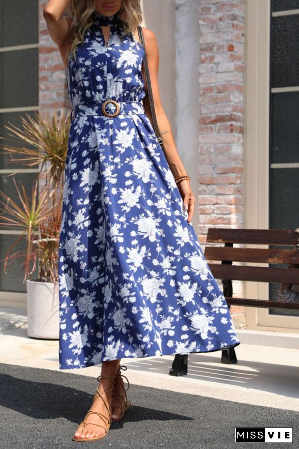 Floral Print Halter Sleeveless Dress Wholesale