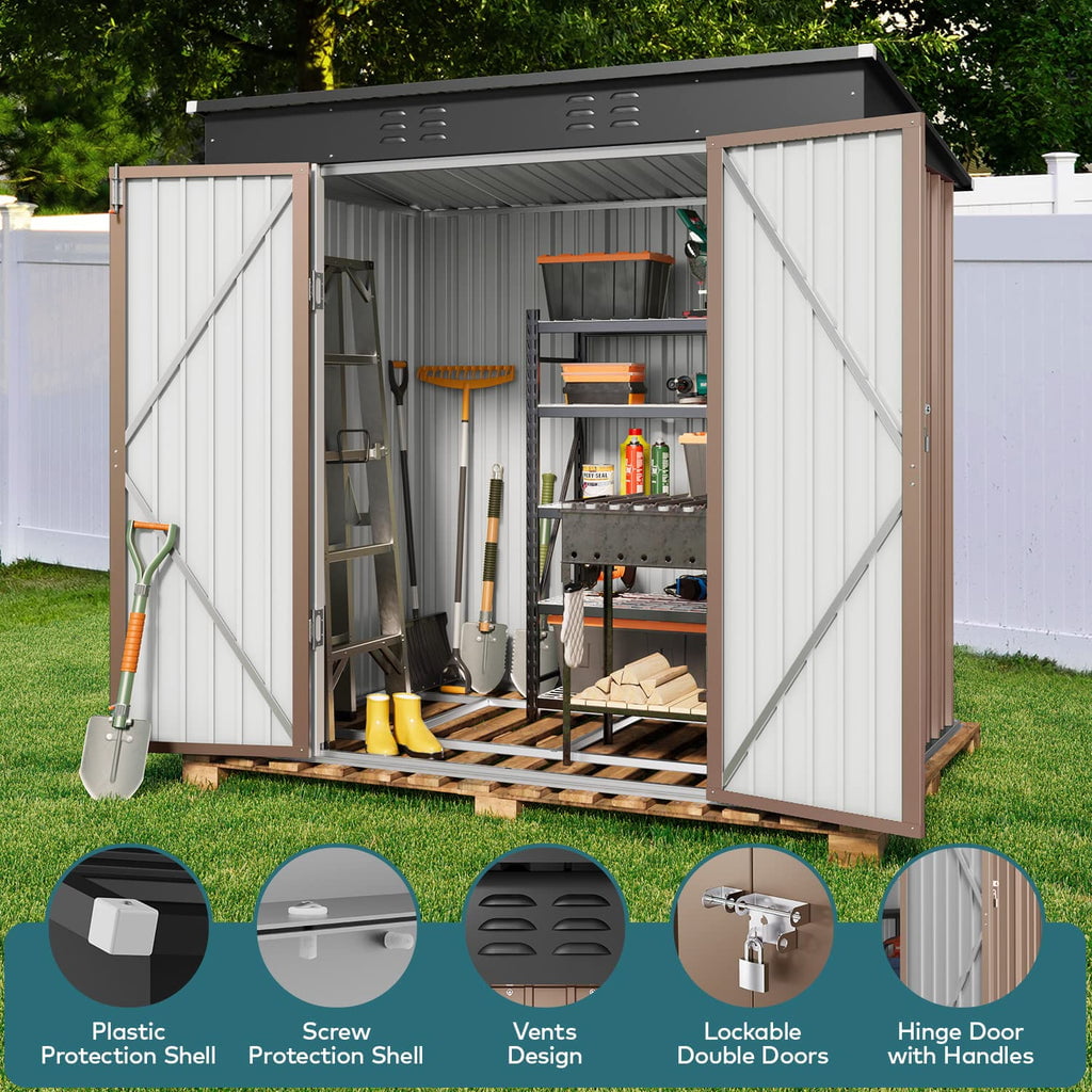 Aiho 6' x 4' Metal Outdoor Storage Shed with Double Lockable Doors for Backyard Patio Lawn - Light Brown